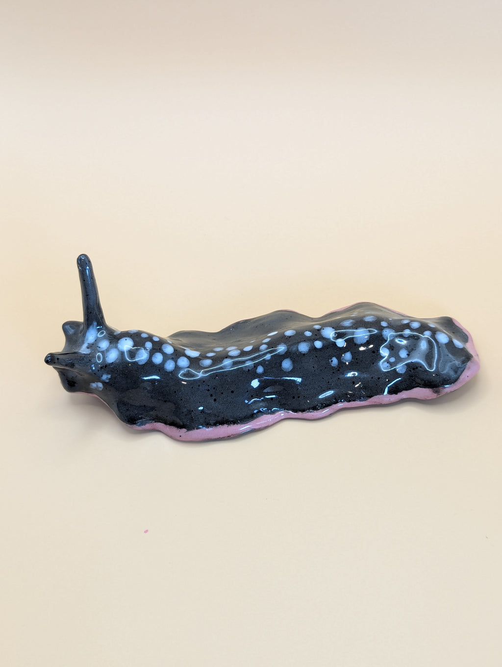 Handmade Grey & White Spotted, with Blue underside Ceramic Slug Ornament