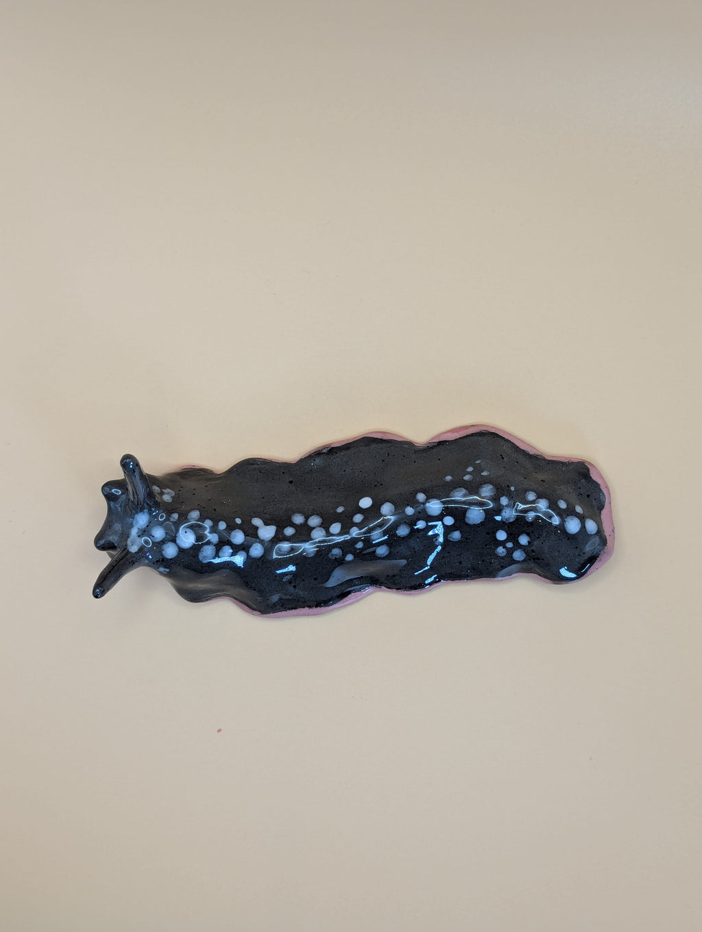 Handmade Grey & White Spotted, with Blue underside Ceramic Slug Ornament